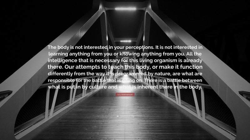 U.G. Krishnamurti Quote: “The body is not interested in your perceptions. It is not interested in learning anything from you or knowing anything from you. All the intelligence that is necessary for this living organism is already there. Our attempts to teach this body, or make it function differently from the way it is programmed by nature, are what are responsible for the battle that is going on. There is a battle between what is put in by culture and what is inherent there in the body.”