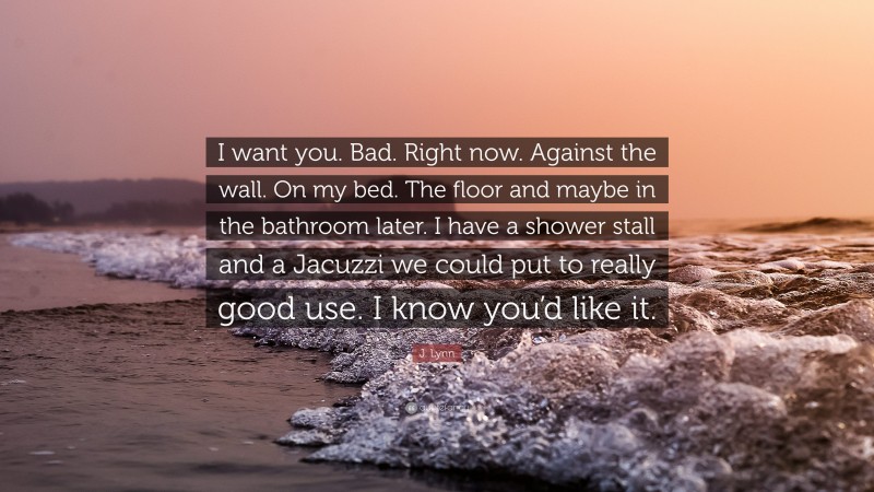 J. Lynn Quote: “I want you. Bad. Right now. Against the wall. On my bed. The floor and maybe in the bathroom later. I have a shower stall and a Jacuzzi we could put to really good use. I know you’d like it.”