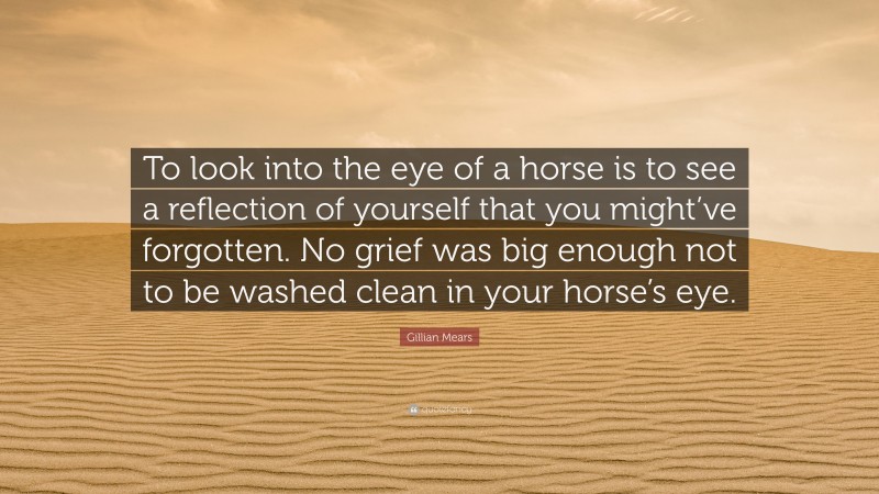 Gillian Mears Quote: “To look into the eye of a horse is to see a reflection of yourself that you might’ve forgotten. No grief was big enough not to be washed clean in your horse’s eye.”