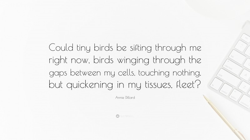 Annie Dillard Quote: “Could tiny birds be sifting through me right now, birds winging through the gaps between my cells, touching nothing, but quickening in my tissues, fleet?”
