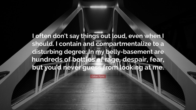 Gillian Flynn Quote: “I often don’t say things out loud, even when I should. I contain and compartmentalize to a disturbing degree: In my belly-basement are hundreds of bottles of rage, despair, fear, but you’d never guess from looking at me.”