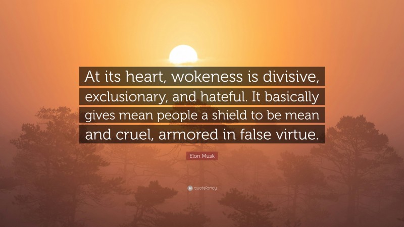 Elon Musk Quote: “At its heart, wokeness is divisive, exclusionary, and hateful. It basically gives mean people a shield to be mean and cruel, armored in false virtue.”