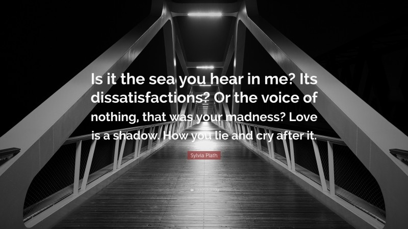 Sylvia Plath Quote: “Is it the sea you hear in me? Its dissatisfactions? Or the voice of nothing, that was your madness? Love is a shadow. How you lie and cry after it.”
