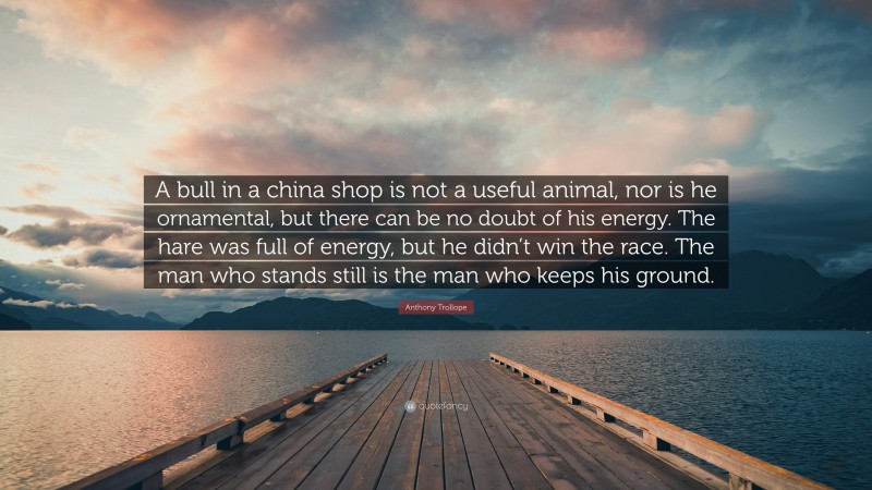 Anthony Trollope Quote: “A bull in a china shop is not a useful animal, nor is he ornamental, but there can be no doubt of his energy. The hare was full of energy, but he didn’t win the race. The man who stands still is the man who keeps his ground.”