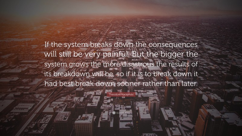 Theodore Kaczynski Quote: “If the system breaks down the consequences will still be very painful. But the bigger the system grows the more disastrous the results of its breakdown will be, so if it is to break down it had best break down sooner rather than later.”