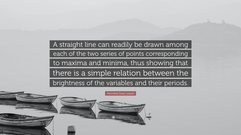 Henrietta Swan Leavitt Quote: “A straight line can readily be drawn among each of the two series of points corresponding to maxima and minima, thus showing that there is a simple relation between the brightness of the variables and their periods.”