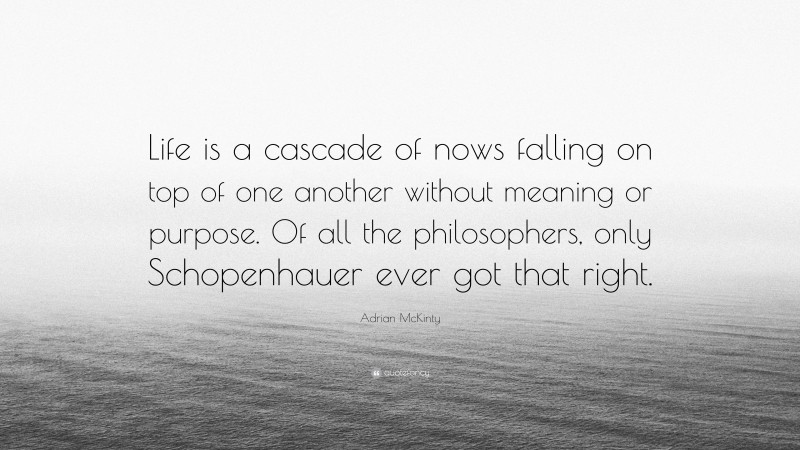 Adrian McKinty Quote: “Life is a cascade of nows falling on top of one another without meaning or purpose. Of all the philosophers, only Schopenhauer ever got that right.”