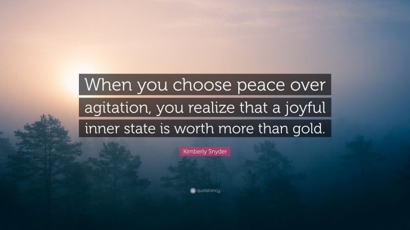Kimberly Snyder Quote: “When you choose peace over agitation, you realize that a joyful inner state is worth more than gold.”