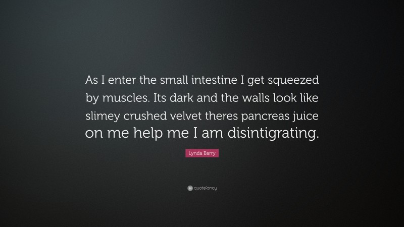 Lynda Barry Quote: “As I enter the small intestine I get squeezed by muscles. Its dark and the walls look like slimey crushed velvet theres pancreas juice on me help me I am disintigrating.”