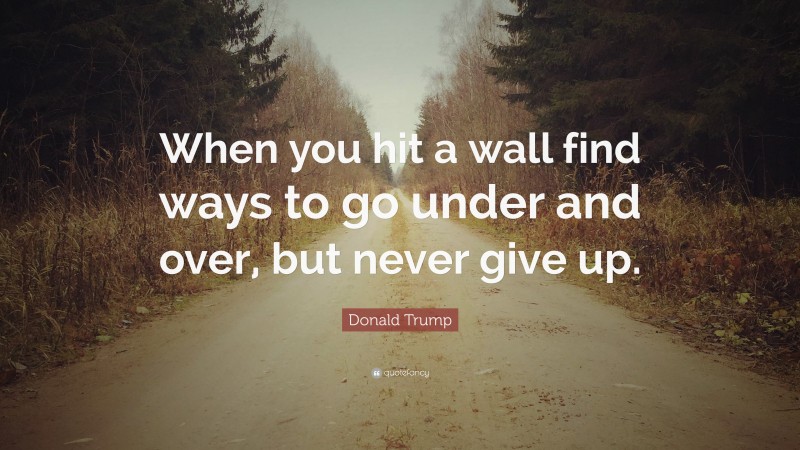 Donald Trump Quote: “When you hit a wall find ways to go under and over, but never give up.”