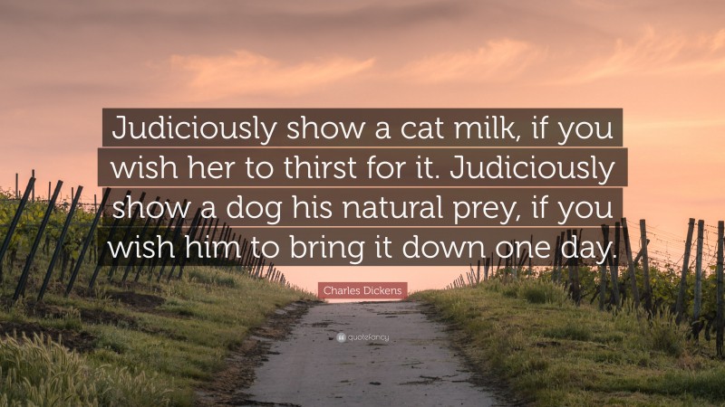 Charles Dickens Quote: “Judiciously show a cat milk, if you wish her to thirst for it. Judiciously show a dog his natural prey, if you wish him to bring it down one day.”