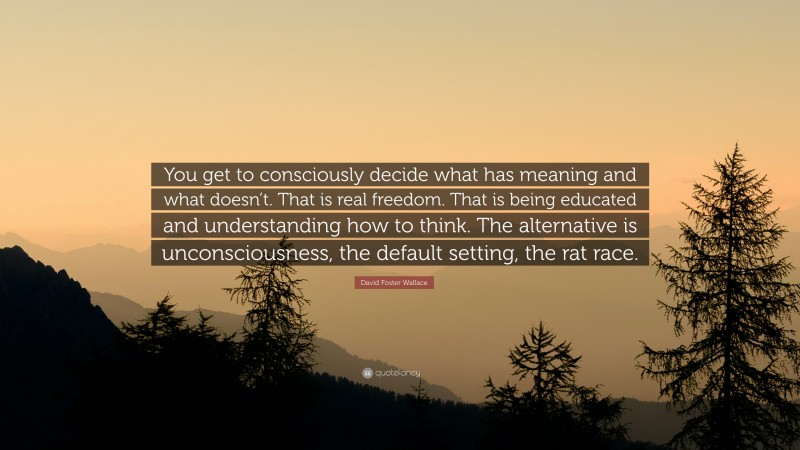 David Foster Wallace Quote: “You get to consciously decide what has meaning and what doesn’t. That is real freedom. That is being educated and understanding how to think. The alternative is unconsciousness, the default setting, the rat race.”