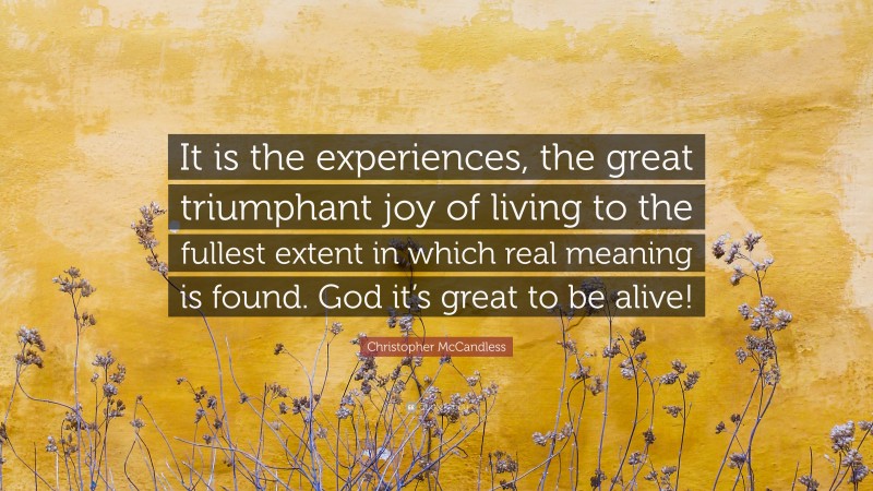 Christopher McCandless Quote: “It is the experiences, the great triumphant joy of living to the fullest extent in which real meaning is found. God it’s great to be alive!”