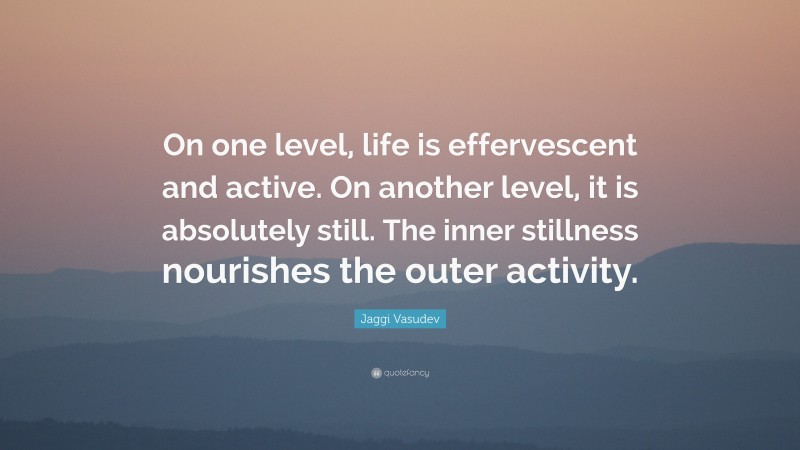 Jaggi Vasudev Quote: “On one level, life is effervescent and active. On another level, it is absolutely still. The inner stillness nourishes the outer activity.”