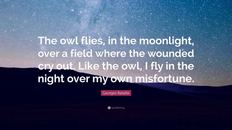 Georges Bataille Quote: “The owl flies, in the moonlight, over a field where the wounded cry out. Like the owl, I fly in the night over my own misfortune.”