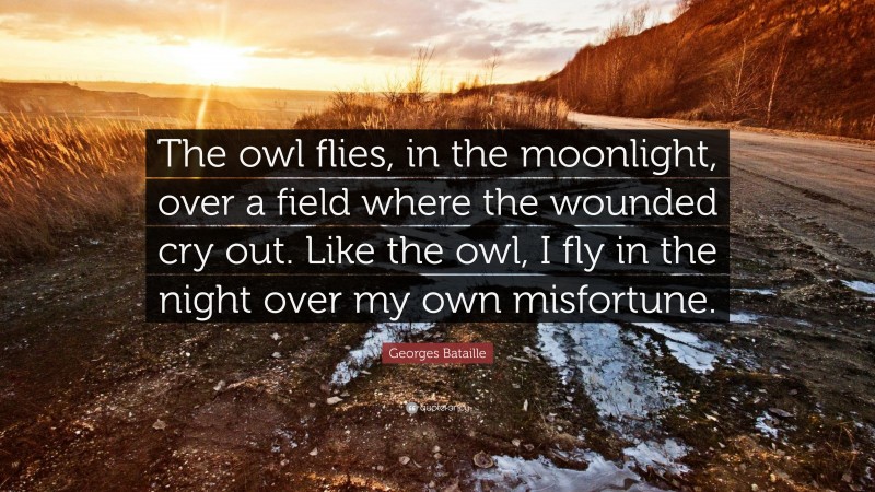 Georges Bataille Quote: “The owl flies, in the moonlight, over a field where the wounded cry out. Like the owl, I fly in the night over my own misfortune.”