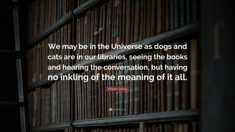 William James Quote: “We may be in the Universe as dogs and cats are in our libraries, seeing the books and hearing the conversation, but having no inkling of the meaning of it all.”