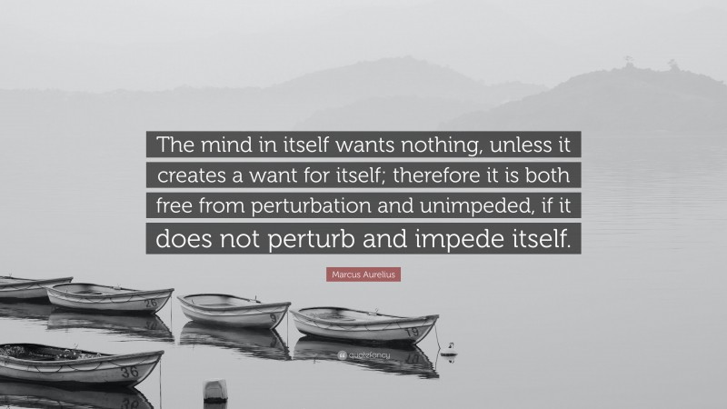 Marcus Aurelius Quote: “The mind in itself wants nothing, unless it creates a want for itself; therefore it is both free from perturbation and unimpeded, if it does not perturb and impede itself.”