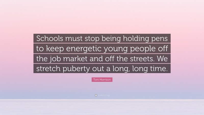 Toni Morrison Quote: “Schools must stop being holding pens to keep energetic young people off the job market and off the streets. We stretch puberty out a long, long time.”