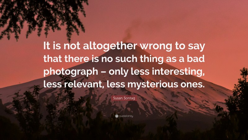 Susan Sontag Quote: “It is not altogether wrong to say that there is no such thing as a bad photograph – only less interesting, less relevant, less mysterious ones.”