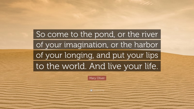 Mary Oliver Quote: “So come to the pond, or the river of your imagination, or the harbor of your longing, and put your lips to the world. And live your life.”