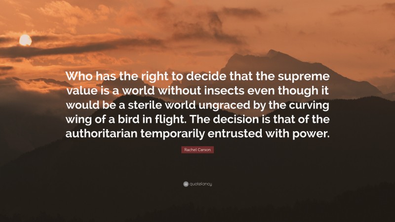 Rachel Carson Quote: “Who has the right to decide that the supreme value is a world without insects even though it would be a sterile world ungraced by the curving wing of a bird in flight. The decision is that of the authoritarian temporarily entrusted with power.”