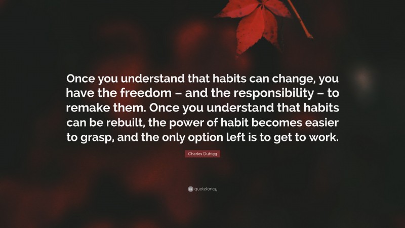 Charles Duhigg Quote: “Once you understand that habits can change, you have the freedom – and the responsibility – to remake them. Once you understand that habits can be rebuilt, the power of habit becomes easier to grasp, and the only option left is to get to work.”