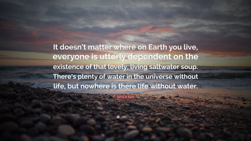 Sylvia A. Earle Quote: “It doesn’t matter where on Earth you live, everyone is utterly dependent on the existence of that lovely, living saltwater soup. There’s plenty of water in the universe without life, but nowhere is there life without water.”