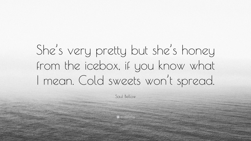 Saul Bellow Quote: “She’s very pretty but she’s honey from the icebox, if you know what I mean. Cold sweets won’t spread.”