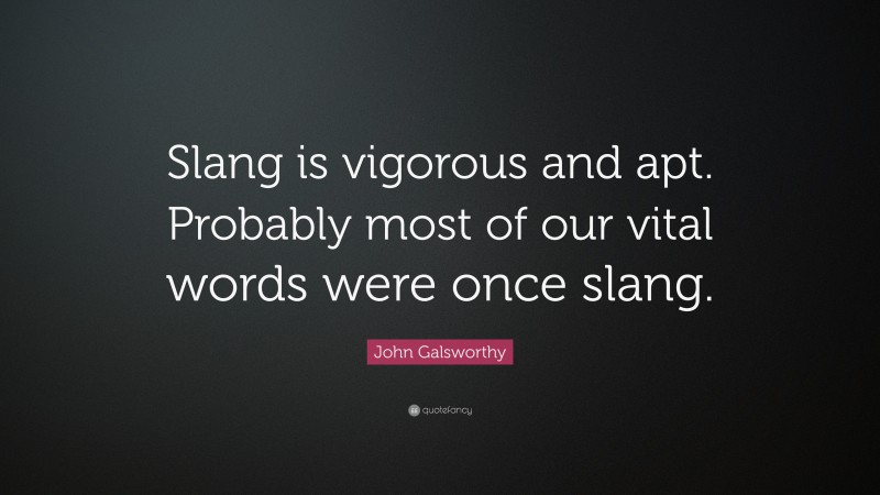 John Galsworthy Quote: “Slang is vigorous and apt. Probably most of our vital words were once slang.”