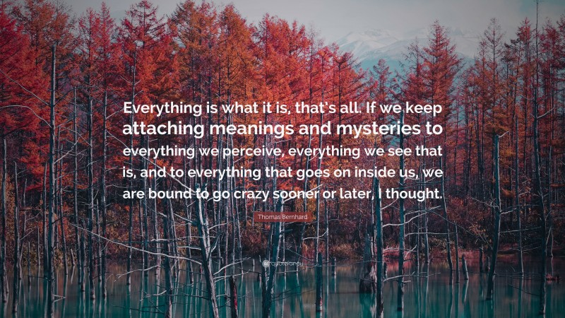 Thomas Bernhard Quote: “Everything is what it is, that’s all. If we keep attaching meanings and mysteries to everything we perceive, everything we see that is, and to everything that goes on inside us, we are bound to go crazy sooner or later, I thought.”