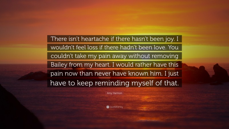 Amy Harmon Quote: “There isn’t heartache if there hasn’t been joy. I wouldn’t feel loss if there hadn’t been love. You couldn’t take my pain away without removing Bailey from my heart. I would rather have this pain now than never have known him. I just have to keep reminding myself of that.”