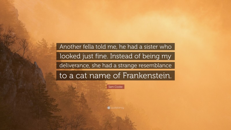 Sam Cooke Quote: “Another fella told me, he had a sister who looked just fine. Instead of being my deliverance, she had a strange resemblance to a cat name of Frankenstein.”