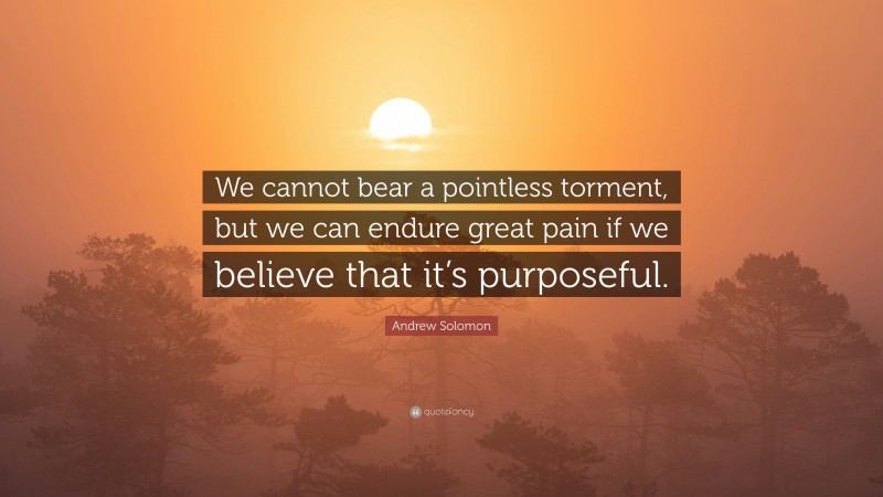 Andrew Solomon Quote: “We cannot bear a pointless torment, but we can endure great pain if we believe that it’s purposeful.”