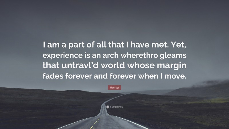 Homer Quote: “I am a part of all that I have met. Yet, experience is an arch wherethro gleams that untravl’d world whose margin fades forever and forever when I move.”