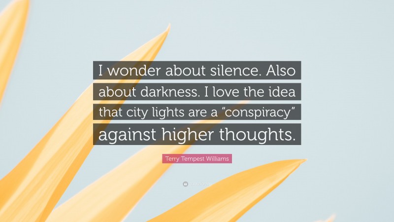 Terry Tempest Williams Quote: “I wonder about silence. Also about darkness. I love the idea that city lights are a “conspiracy” against higher thoughts.”