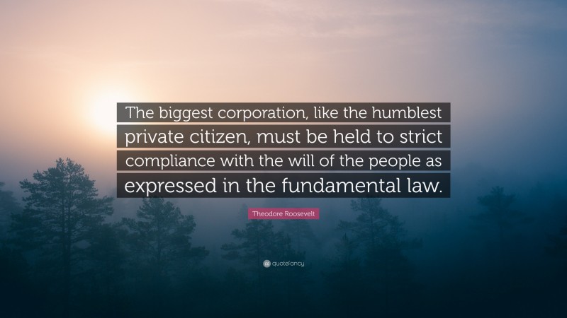 Theodore Roosevelt Quote: “The biggest corporation, like the humblest private citizen, must be held to strict compliance with the will of the people as expressed in the fundamental law.”