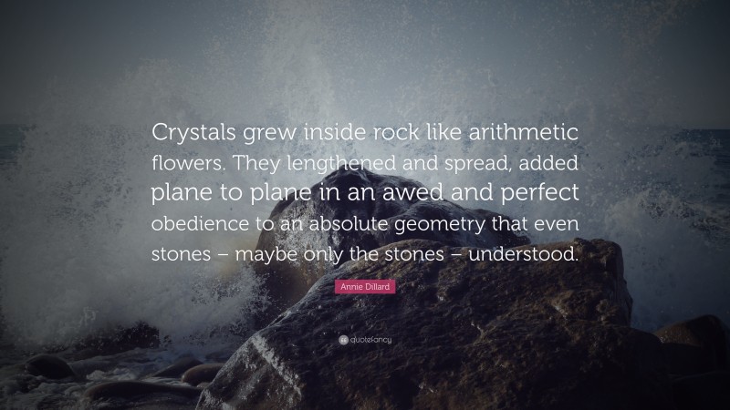 Annie Dillard Quote: “Crystals grew inside rock like arithmetic flowers. They lengthened and spread, added plane to plane in an awed and perfect obedience to an absolute geometry that even stones – maybe only the stones – understood.”