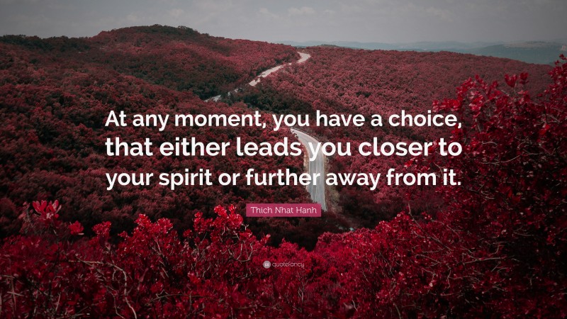 Thich Nhat Hanh Quote: “At any moment, you have a choice, that either leads you closer to your spirit or further away from it.”