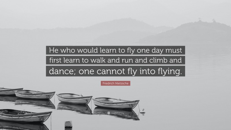 Friedrich Nietzsche Quote: “He who would learn to fly one day must first learn to walk and run and climb and dance; one cannot fly into flying.”