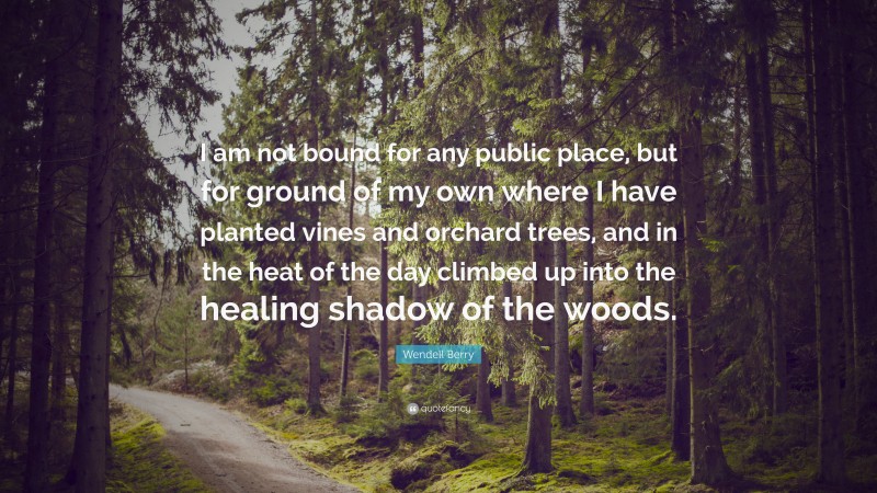 Wendell Berry Quote: “I am not bound for any public place, but for ground of my own where I have planted vines and orchard trees, and in the heat of the day climbed up into the healing shadow of the woods.”