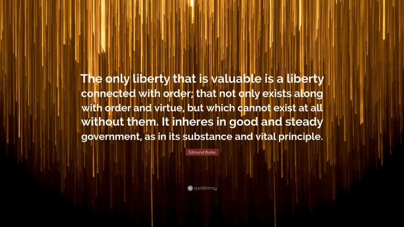 Edmund Burke Quote: “The only liberty that is valuable is a liberty connected with order; that not only exists along with order and virtue, but which cannot exist at all without them. It inheres in good and steady government, as in its substance and vital principle.”