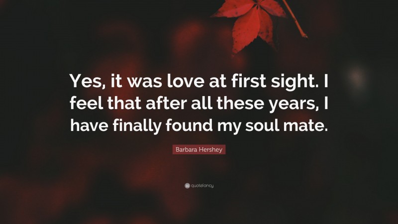 Barbara Hershey Quote: “Yes, it was love at first sight. I feel that after all these years, I have finally found my soul mate.”