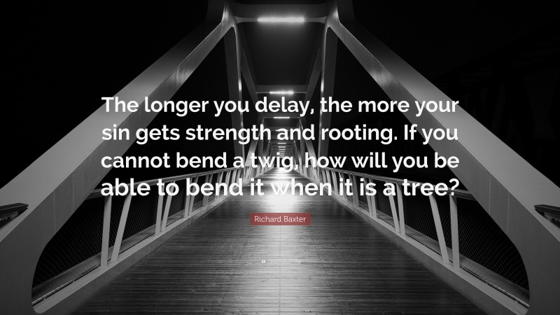 Richard Baxter Quote: “The longer you delay, the more your sin gets strength and rooting. If you cannot bend a twig, how will you be able to bend it when it is a tree?”