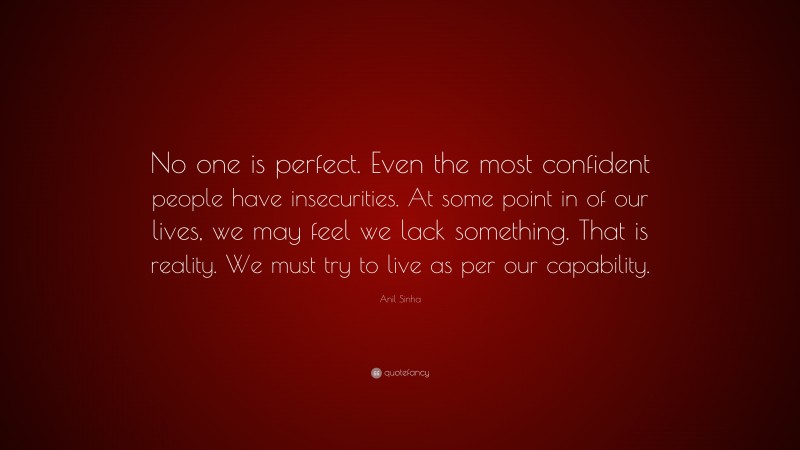 Anil Sinha Quote: “No one is perfect. Even the most confident people have insecurities. At some point in of our lives, we may feel we lack something. That is reality. We must try to live as per our capability.”