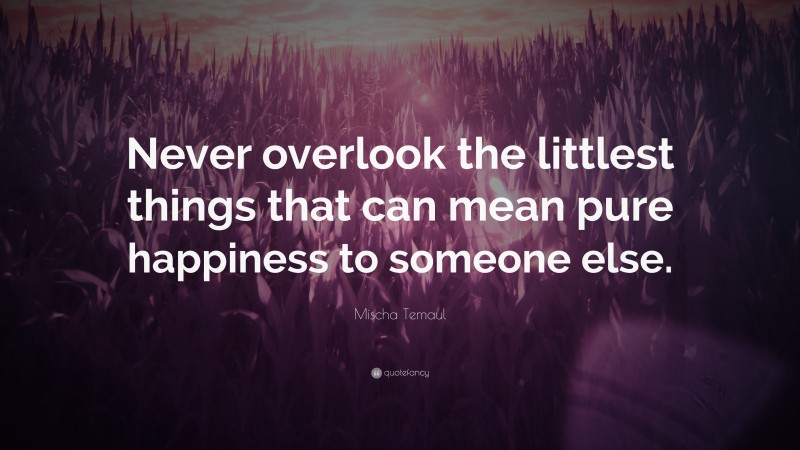 Mischa Temaul Quote: “Never overlook the littlest things that can mean pure happiness to someone else.”