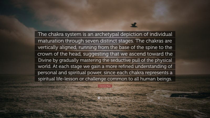 Caroline Myss Quote: “The chakra system is an archetypal depiction of individual maturation through seven distinct stages. The chakras are vertically aligned, running from the base of the spine to the crown of the head, suggesting that we ascend toward the Divine by gradually mastering the seductive pull of the physical world. At each stage we gain a more refined understanding of personal and spiritual power, since each chakra represents a spiritual life-lesson or challenge common to all human beings.”
