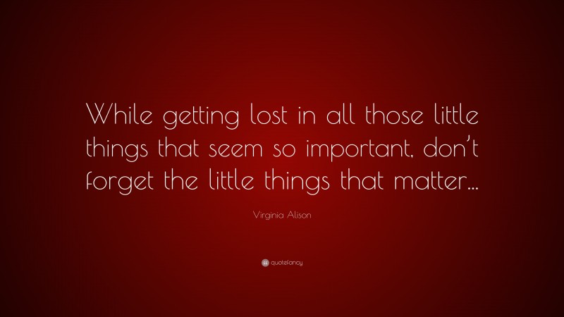 Virginia Alison Quote: “While getting lost in all those little things that seem so important, don’t forget the little things that matter...”