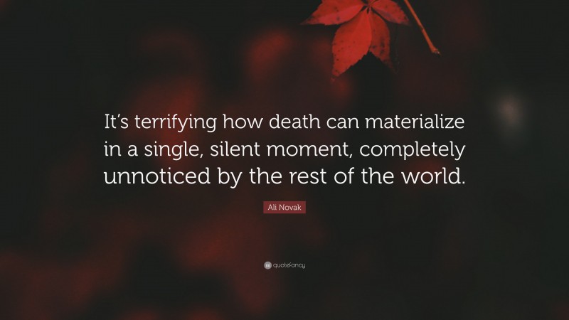 Ali Novak Quote: “It’s terrifying how death can materialize in a single, silent moment, completely unnoticed by the rest of the world.”