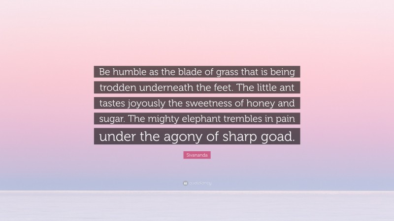Sivananda Quote: “Be humble as the blade of grass that is being trodden underneath the feet. The little ant tastes joyously the sweetness of honey and sugar. The mighty elephant trembles in pain under the agony of sharp goad.”